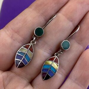 💛 Vintage 950 Silver Colorful Peruvian Rainbow Cocoa Leaf Drop Earrings